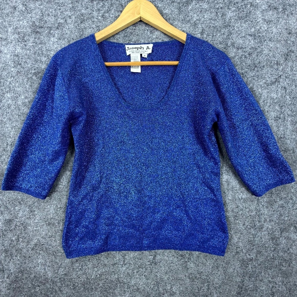 Joseph A Sweater Womens Medium Blue Metallic Silk Sparkle Holiday Party Office
